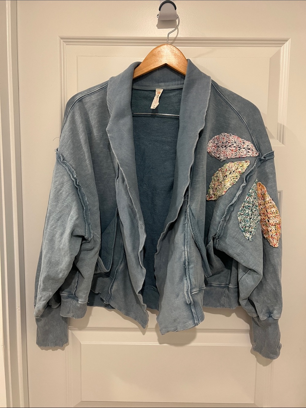 Daily Practice Washed Blue Shawl-Collar Sweater Shrug Crochet Leaf Accents XS/S